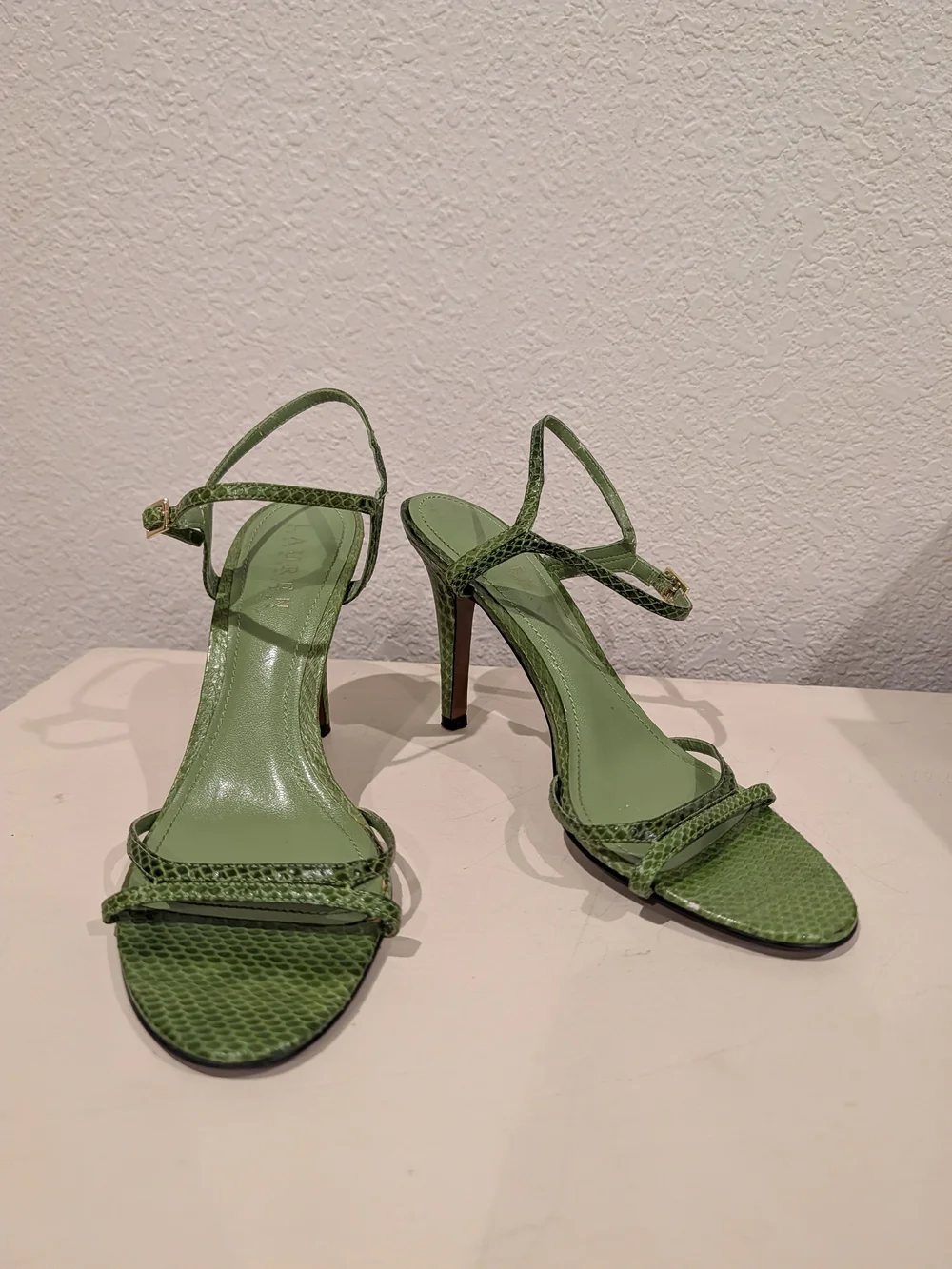 Lauren Ralph Lauren Green Croc-Embossed Strappy Heels